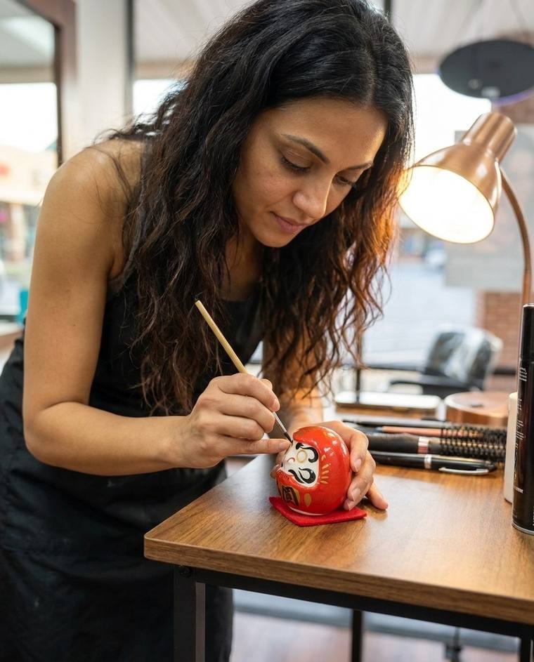 Cindy inking the first eye of a red Daruma at her kitchen table