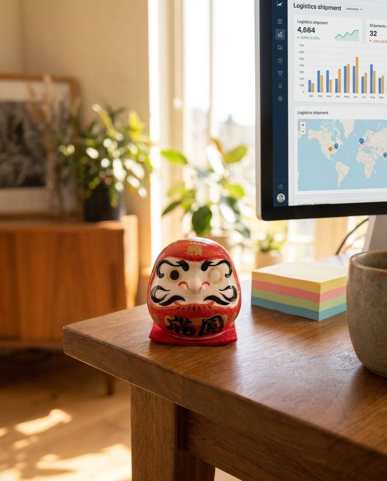 A red one-eyed Daruma on a shelf across from where Jack sits