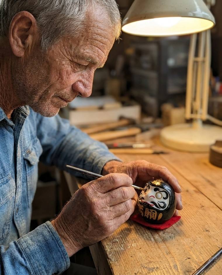 Robert filling in the first eye of a black Daruma with a marker at the kitchen sink
