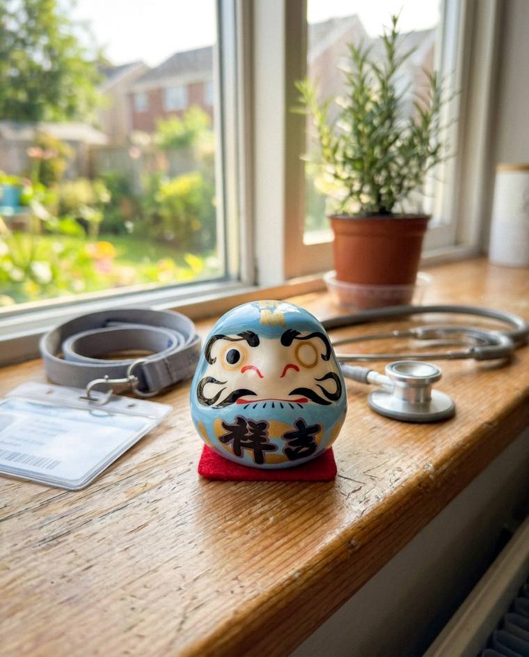 A blue one-eyed Daruma on a kitchen windowsill above the sink