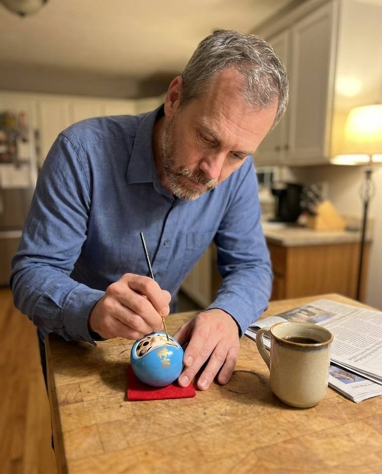 Jeffrey filling the first eye of a blue Daruma on his kitchen island