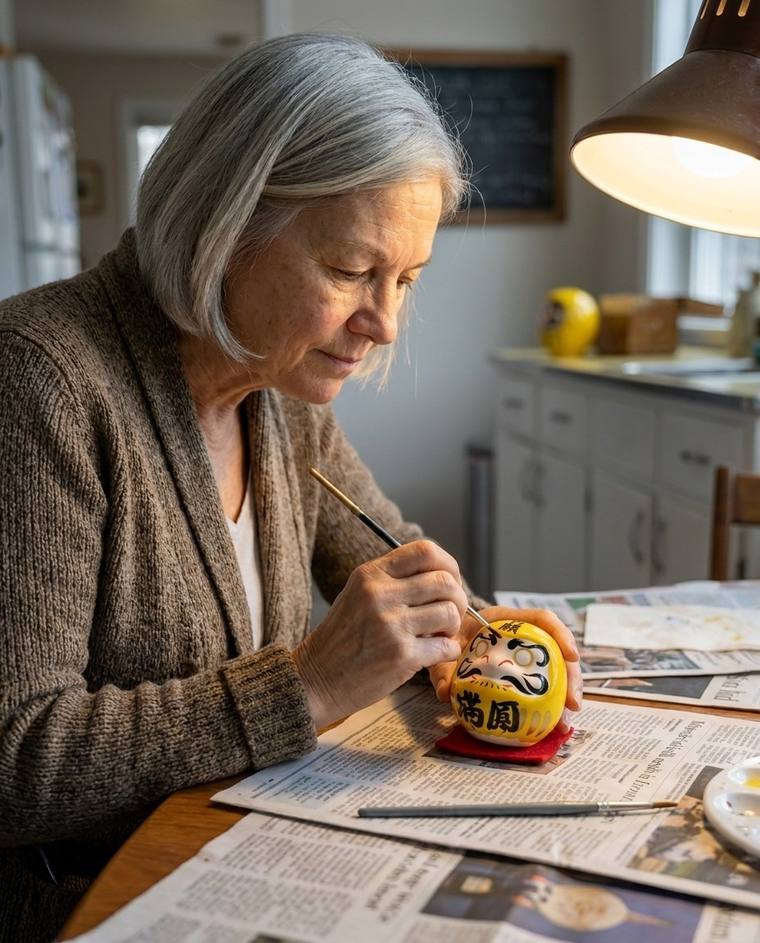 Linda painting the first eye of a yellow Daruma at her kitchen table