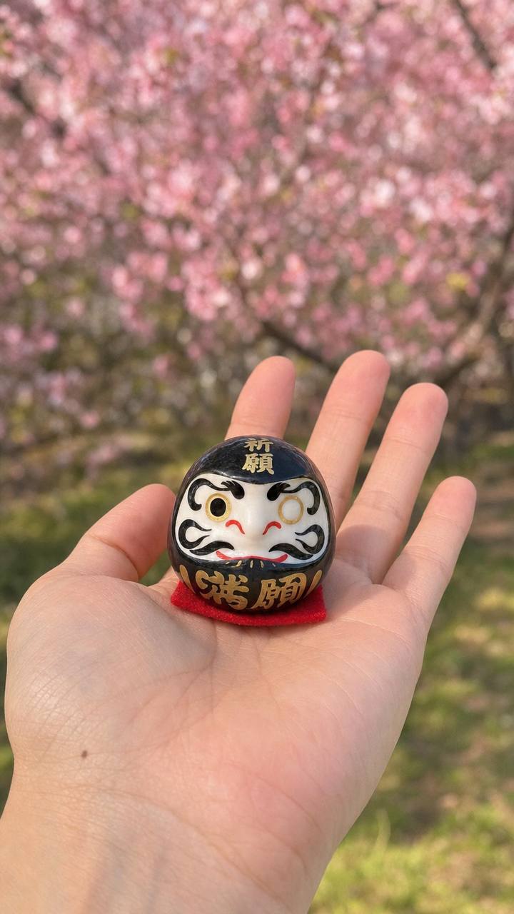 A black ceramic Daruma photographed with blossom