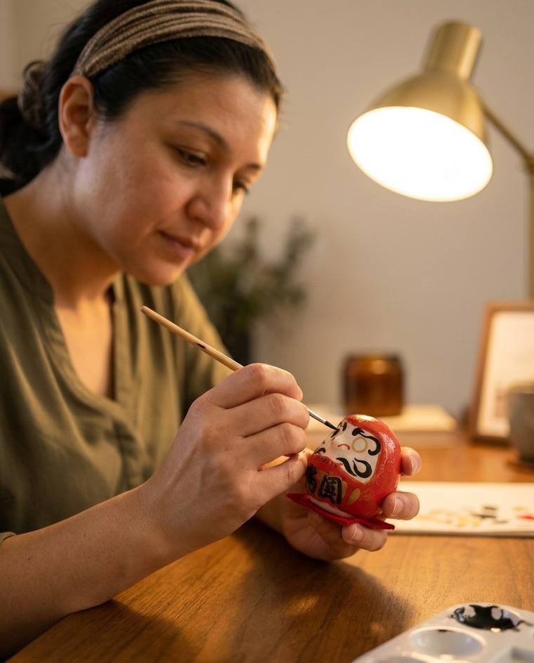 Brooke filling in the first eye of a red Daruma at her kitchen counter