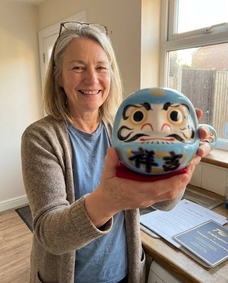 Diane painting the second eye of the blue Daruma in her graduation gown