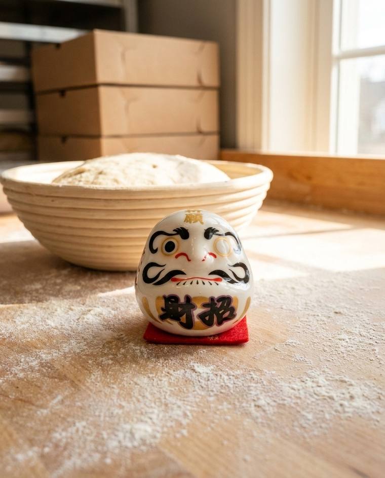 A one-eyed white Daruma on the windowsill above Sarah's kitchen sink