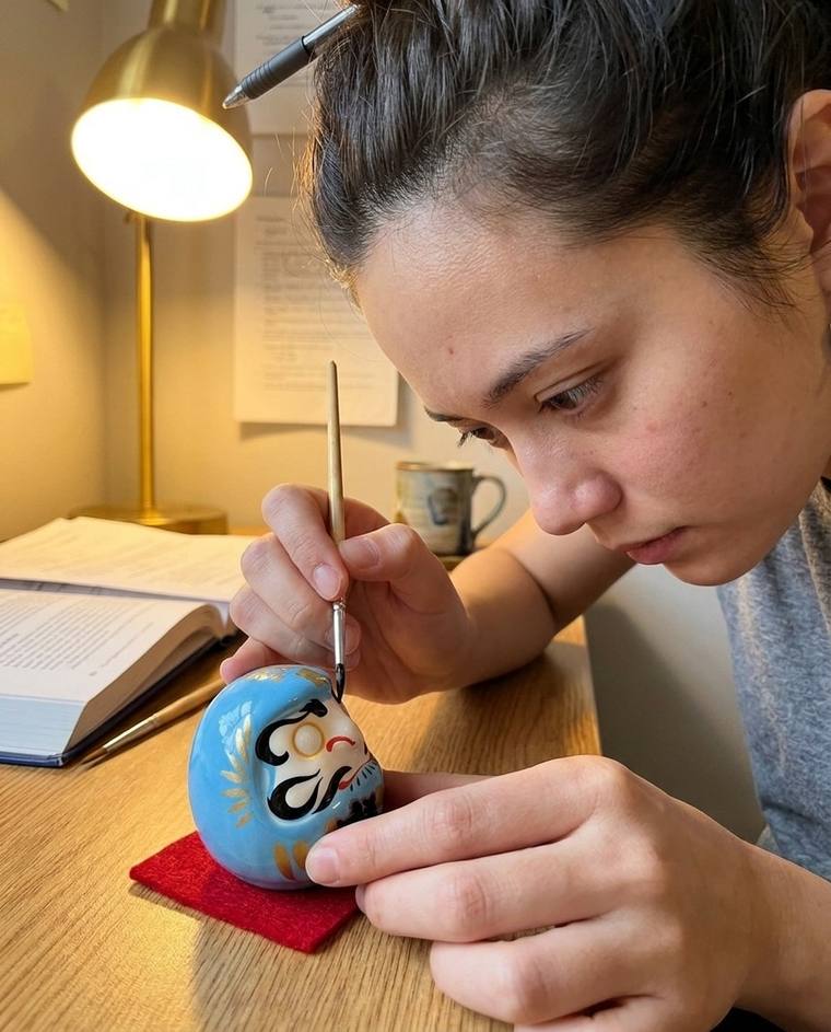 Syla painting the first eye of a blue Daruma
