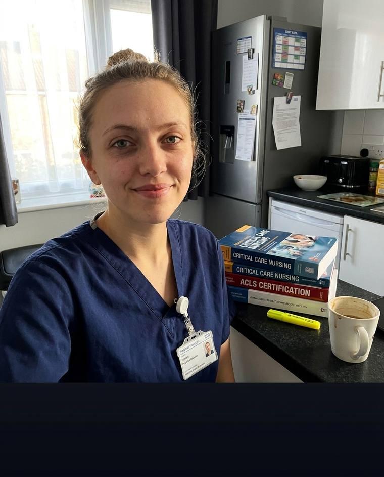 Megan, a night-shift nurse, at the end of a shift