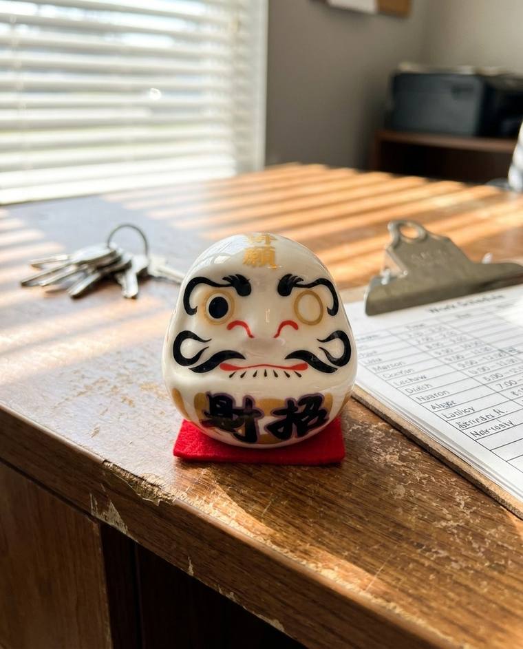 A one-eyed white Daruma on the windowsill above Jack's kitchen sink