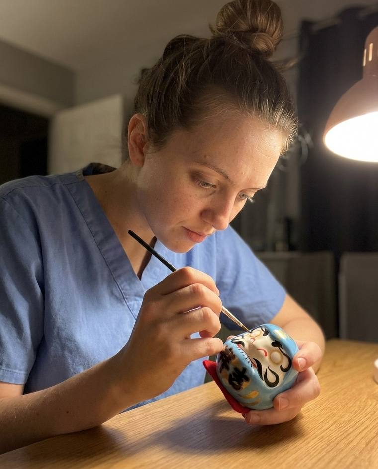 Megan painting the first eye of a blue Daruma in her scrubs