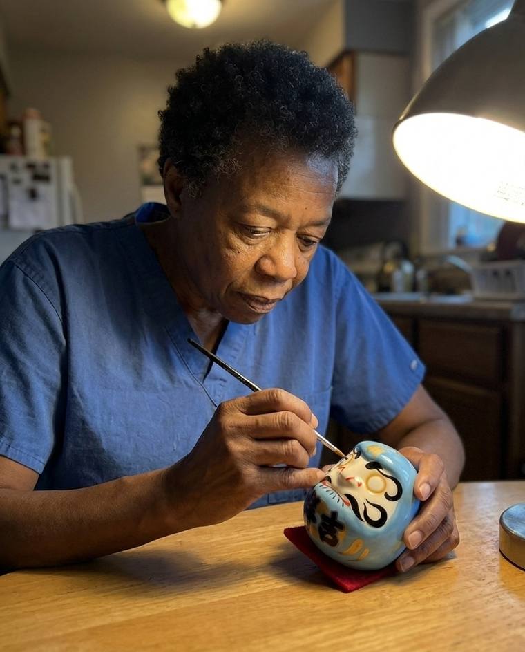 Susan filling in the first eye of a blue Daruma at her kitchen counter