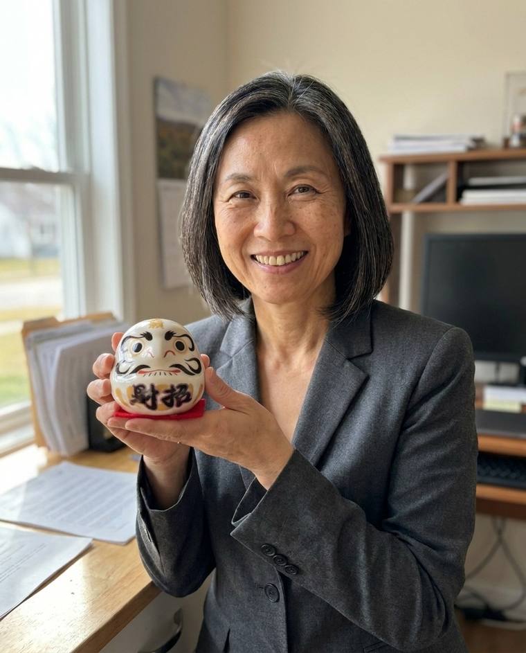 Carol painting the second eye of the white Daruma at her desk