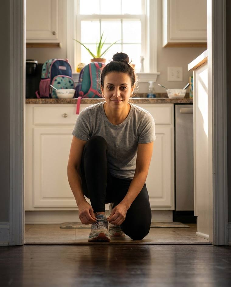 Emily, a working mom, at her kitchen sink before the house wakes up
