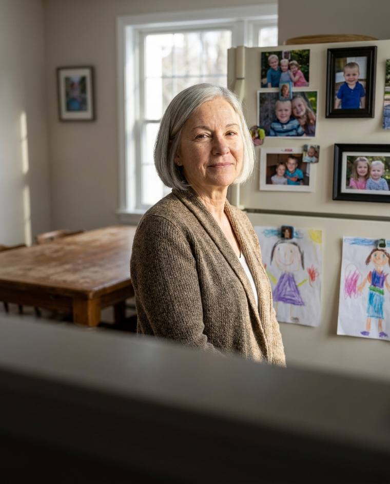 Linda, a retired office manager, at her kitchen table