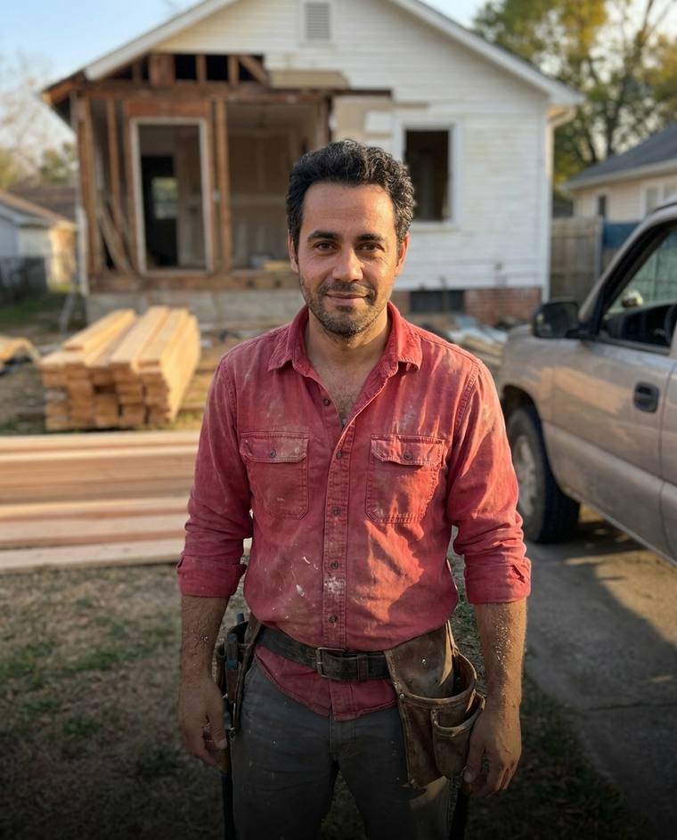 Chris, a construction owner, in his work truck