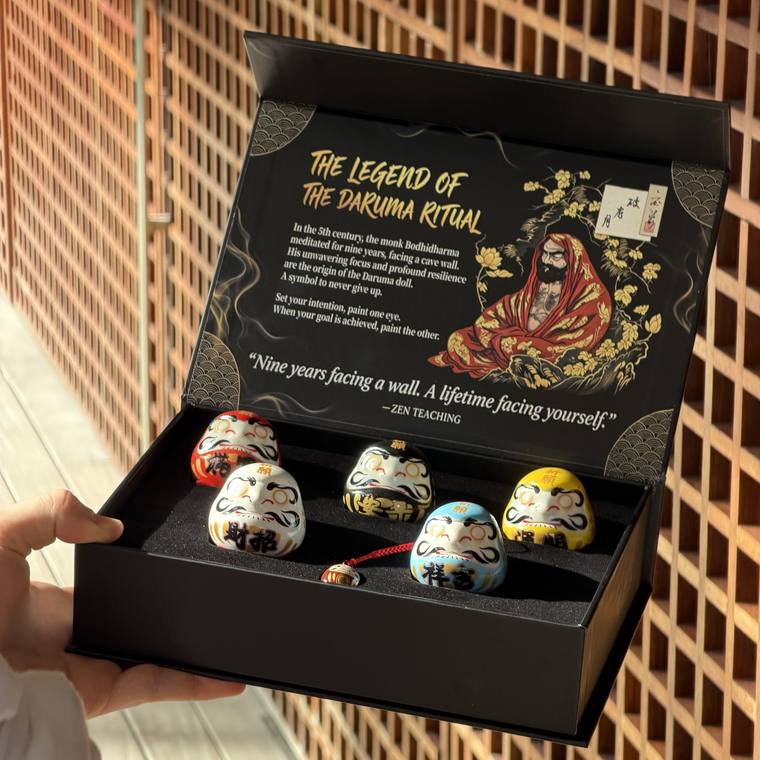The matte black Daruma Ritual gift box with gold lettering
