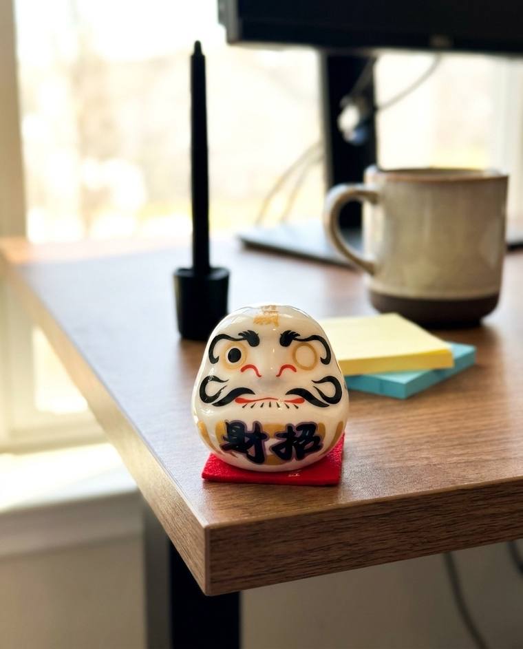 A one-eyed white Daruma on a monitor stand in Tyler's eyeline