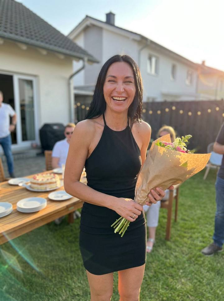 Elena Novak in her backyard on her forty-third birthday