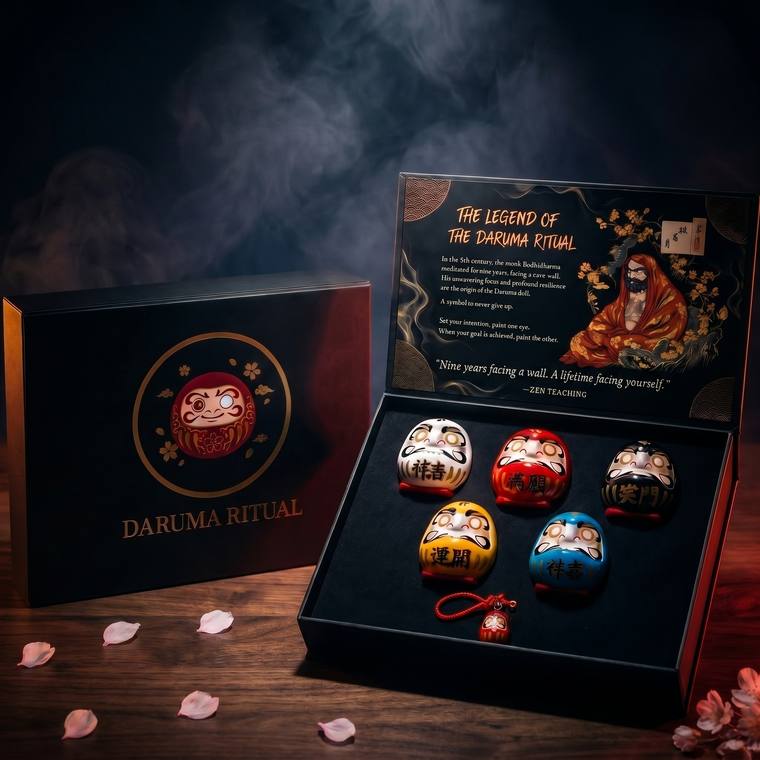 The Daruma Ritual 5-piece ceramic set in white, red, black, yellow and blue