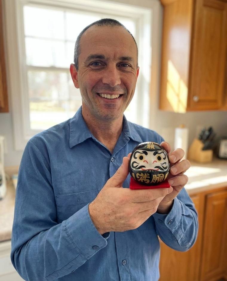 Sean filling the second eye of the black Daruma the night before his first day