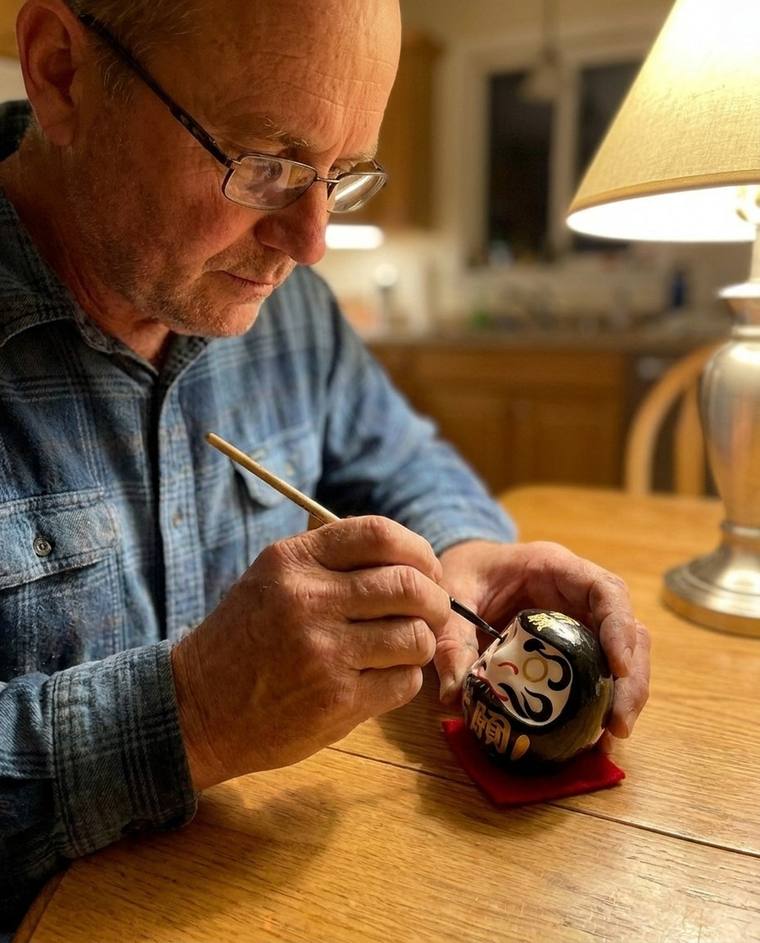 Max filling in the first eye of a black Daruma at his kitchen table