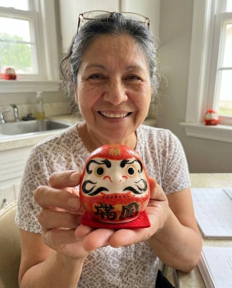 Patricia painting the second eye of the red Daruma at the kitchen sink