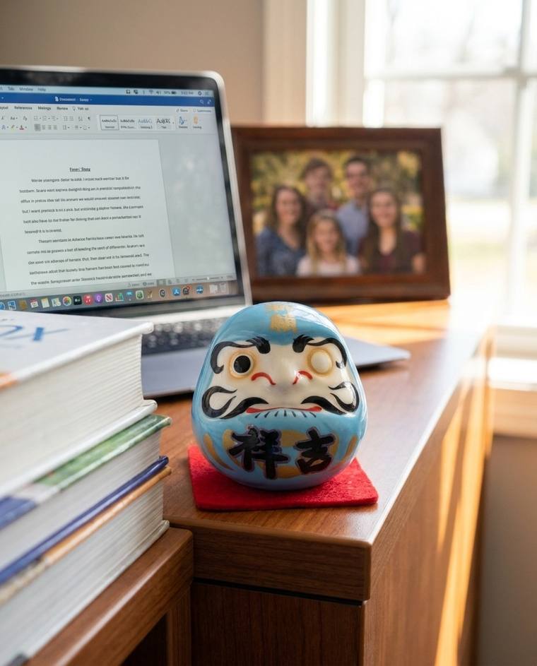 A blue one-eyed Daruma on the kitchen table beside a textbook