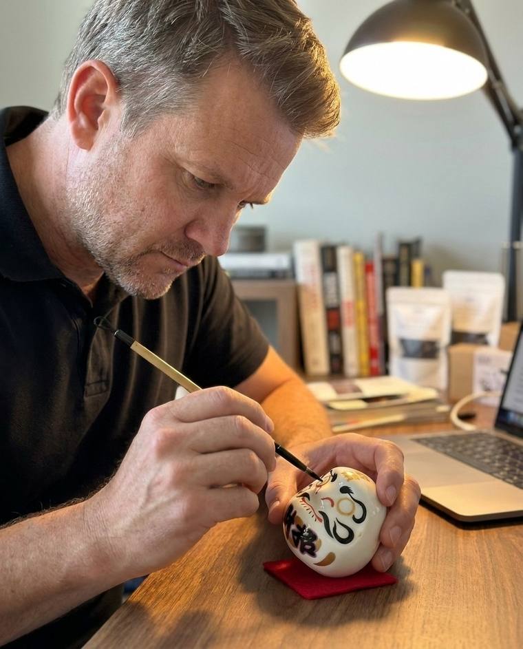 Austin filling in the first eye of a white Daruma at his kitchen counter at night