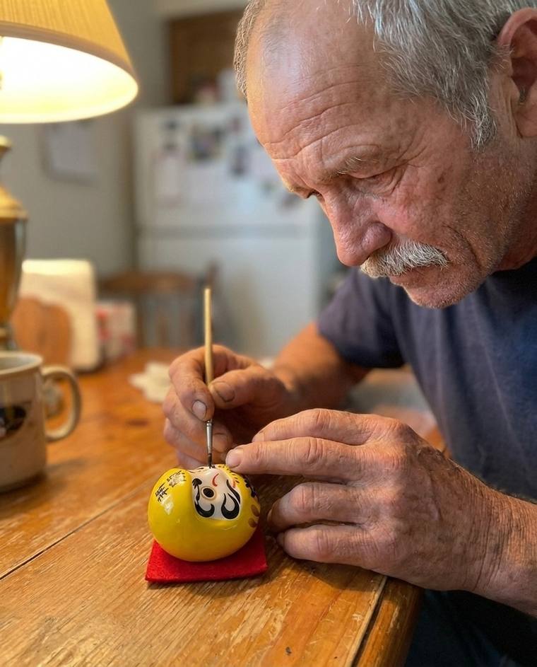 Gary painting the first eye of a yellow Daruma at his kitchen table