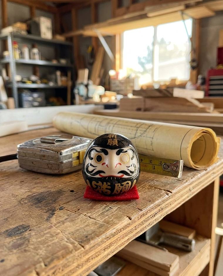 A one-eyed black Daruma on the windowsill above Robert's kitchen sink