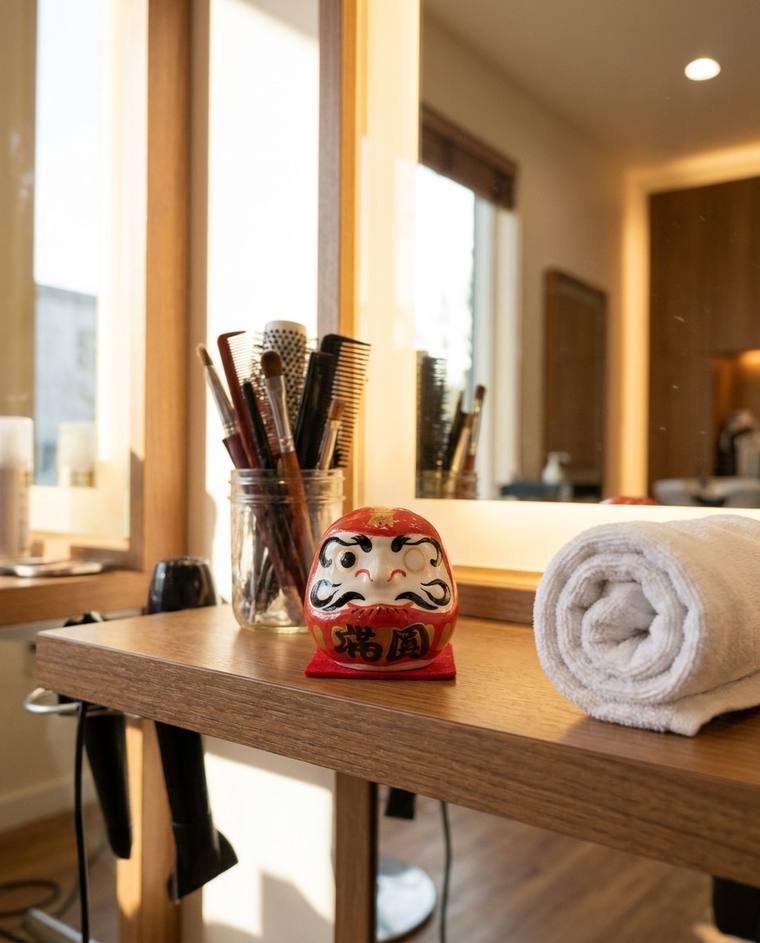 A red one-eyed Daruma on the windowsill above Cindy's sink