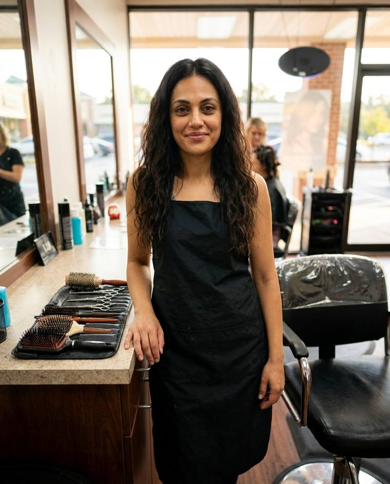 Cindy, a beauty specialist, at her rented station by the window