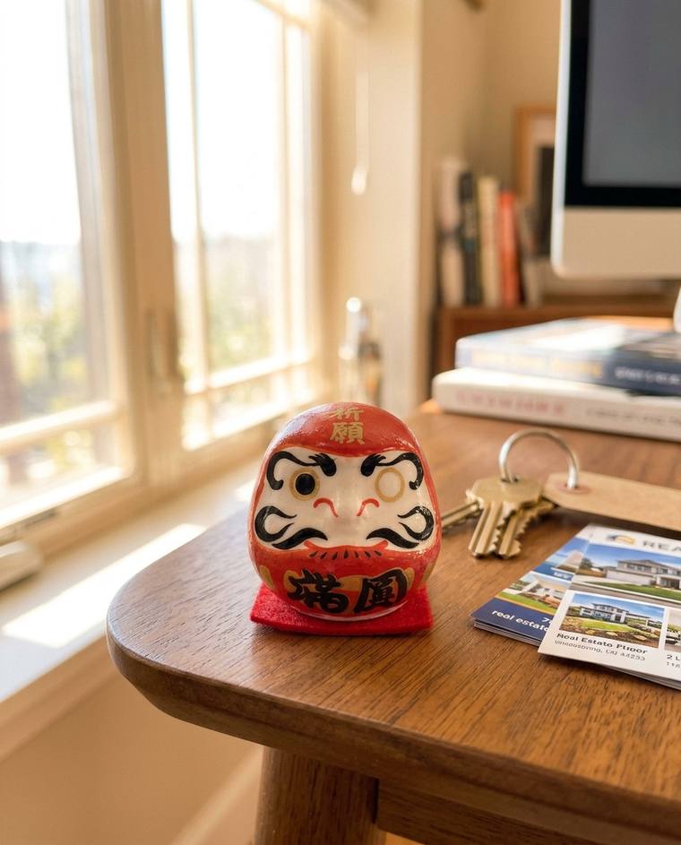 A one-eyed red Daruma on the counter beside Brooke's laptop and phone