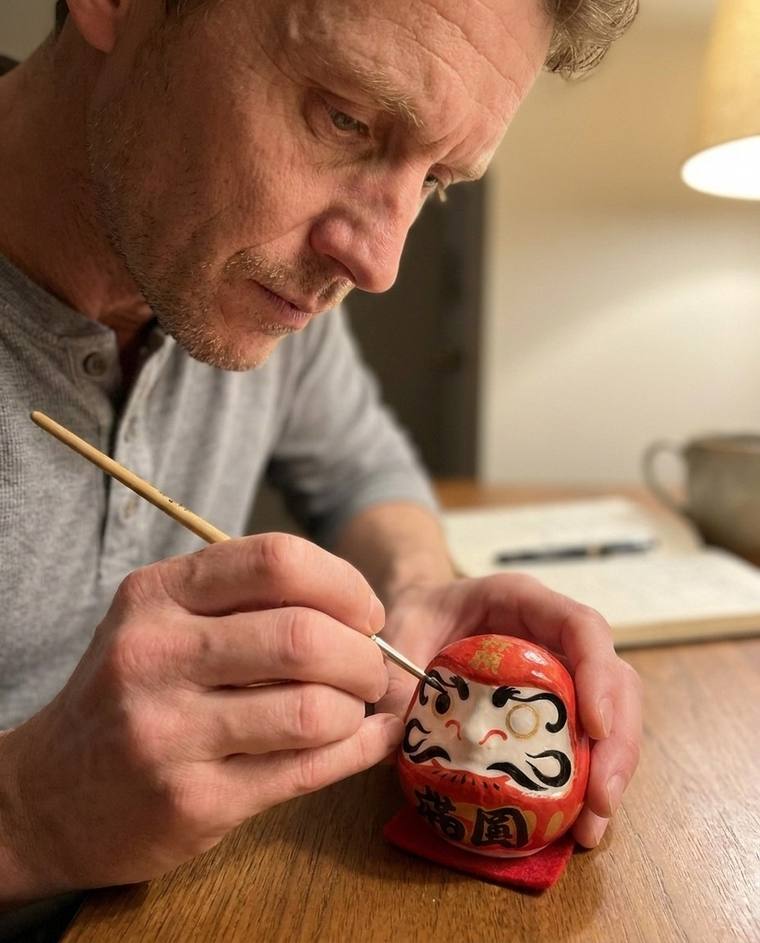 Jack painting the first eye of a red Daruma at his kitchen counter