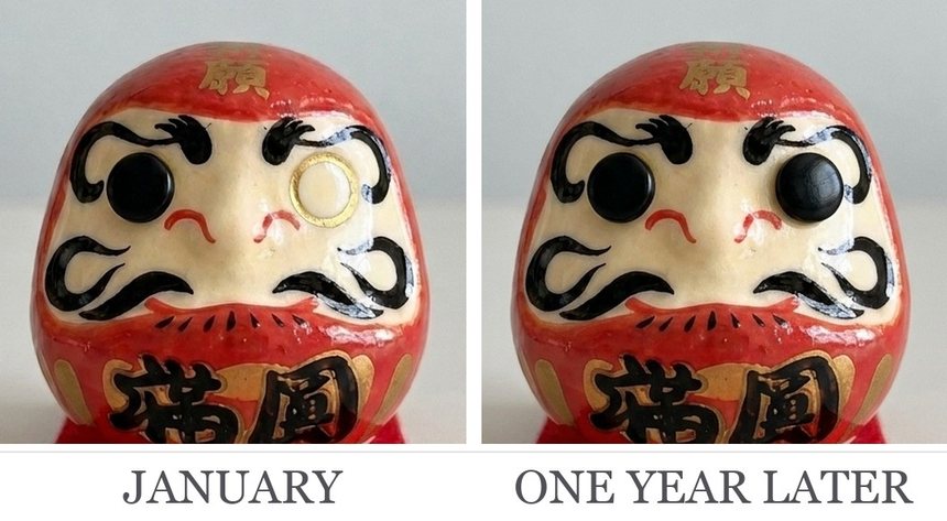 The same red ceramic Daruma photographed twice: one eye painted, then both