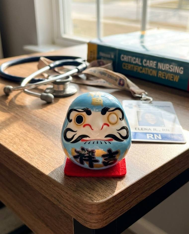 A blue one-eyed Daruma on a shelf in Megan's eyeline