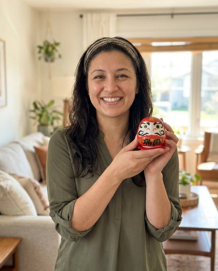 Brooke filling in the second eye of the red Daruma