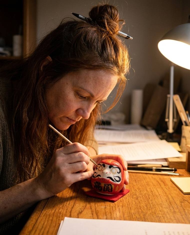 Sydney painting the first eye of a red Daruma at her kitchen counter