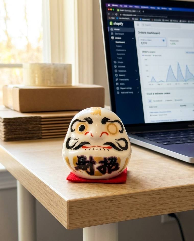 A one-eyed white Daruma on a kitchen windowsill above the sink