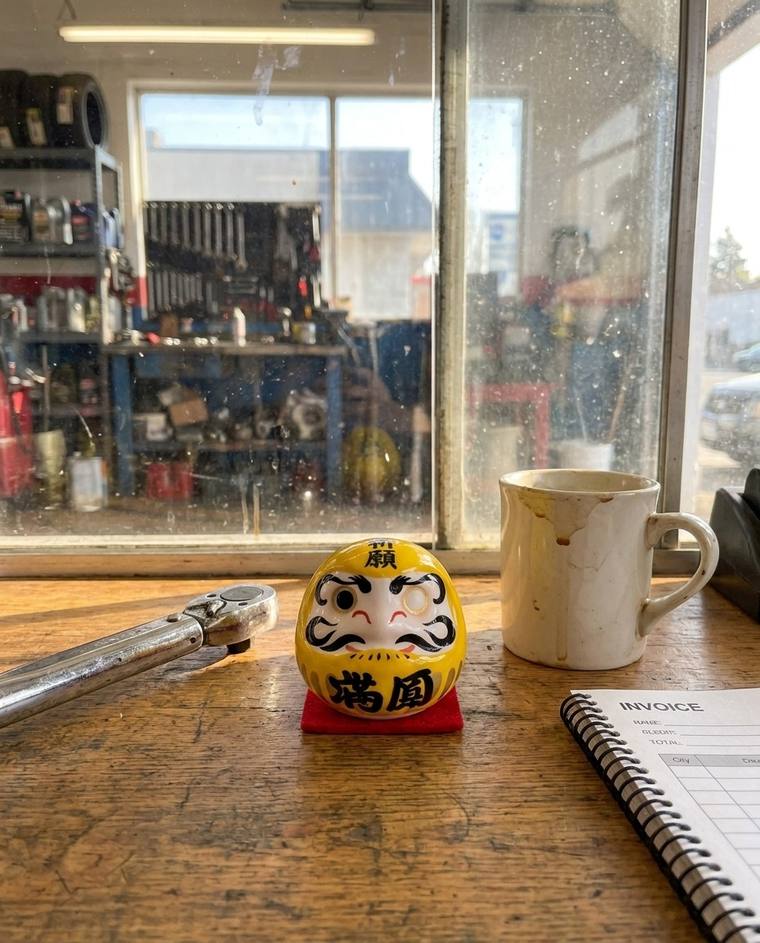 A yellow one-eyed Daruma on a windowsill above a kitchen sink