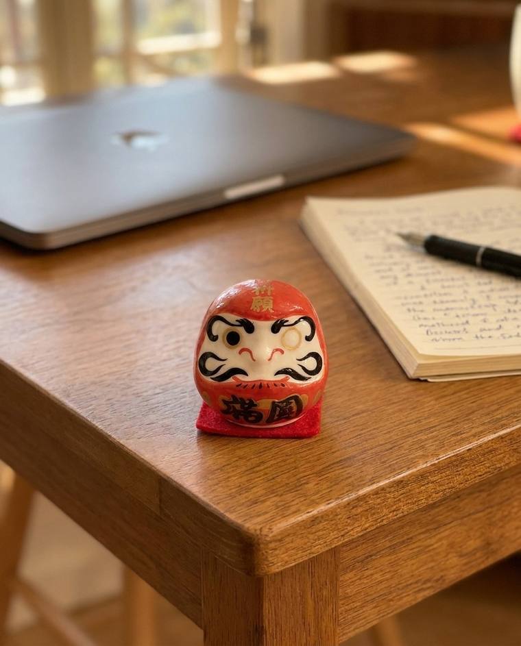 A red one-eyed Daruma on the windowsill above Sydney's sink