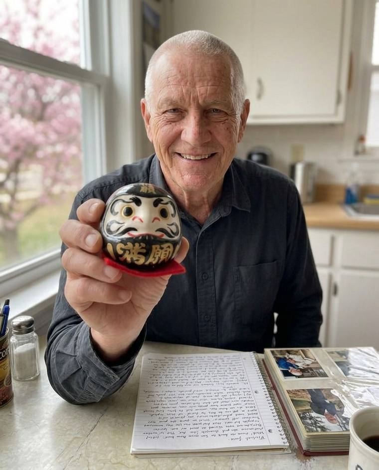 Frank filling in the second eye of the black Daruma at the sink