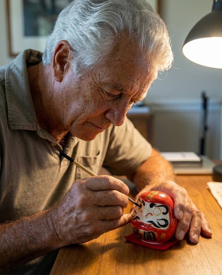 Ronald painting the first eye of a red Daruma at his kitchen counter