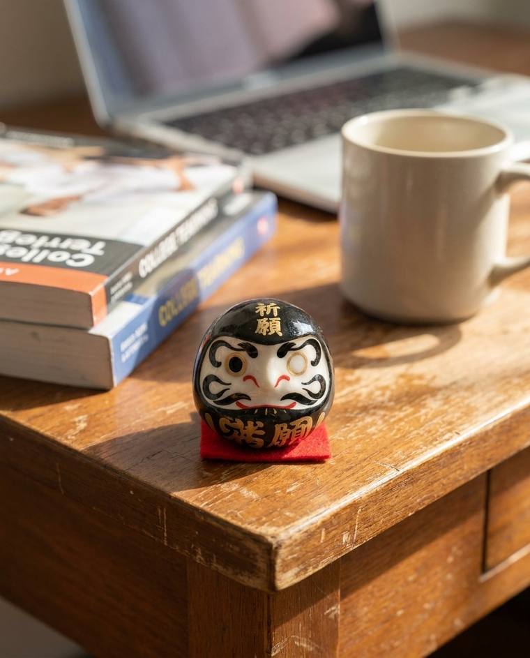 A black one-eyed Daruma on the kitchen counter beside the coffee maker