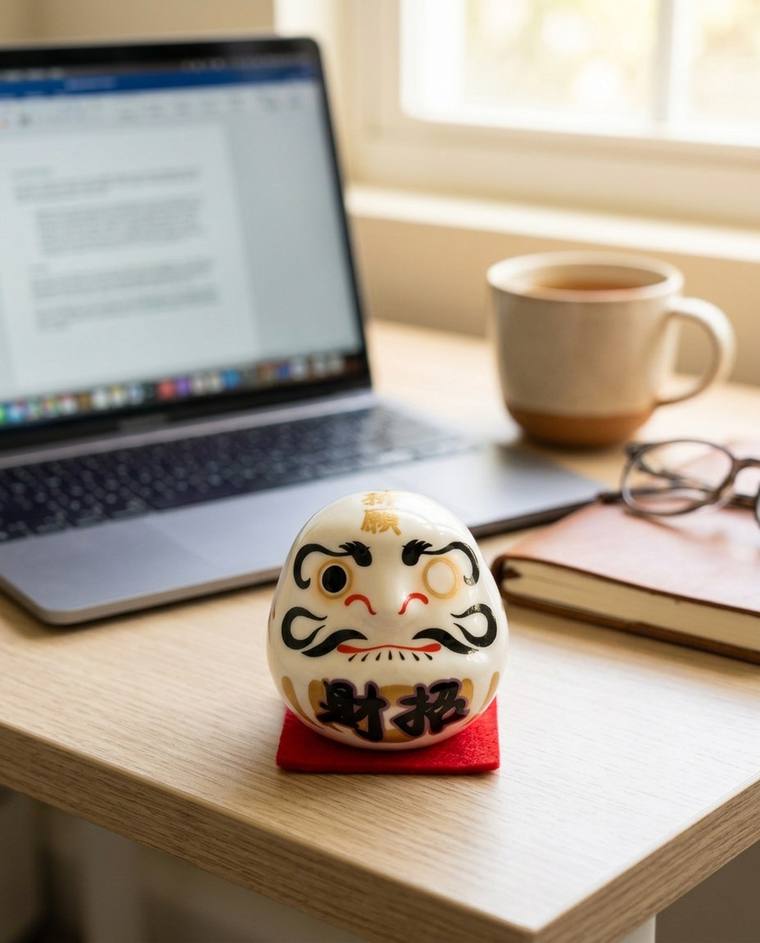 A white one-eyed Daruma on the kitchen counter in Carol's eyeline