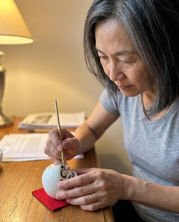 Carol painting the first eye of a white Daruma at her kitchen counter