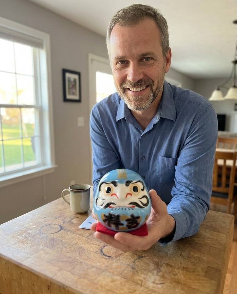 Jeffrey filling the second eye of the blue Daruma with his family in the kitchen
