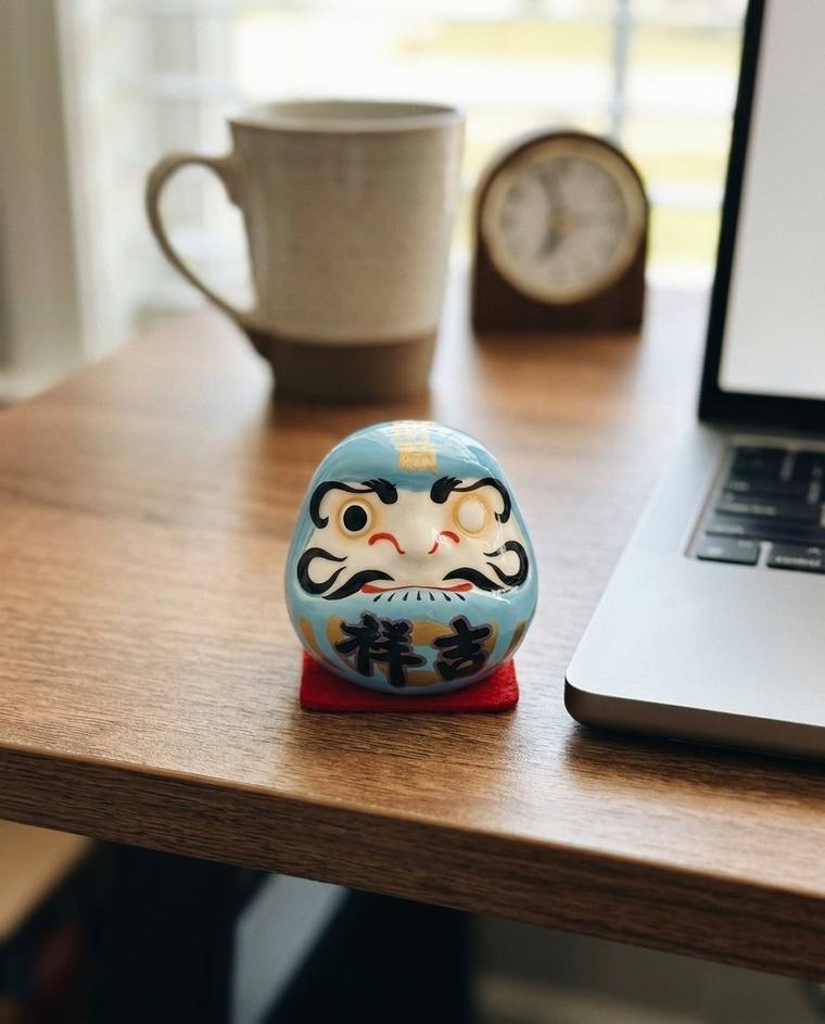A blue one-eyed Daruma on the stack of books under Connor's monitor