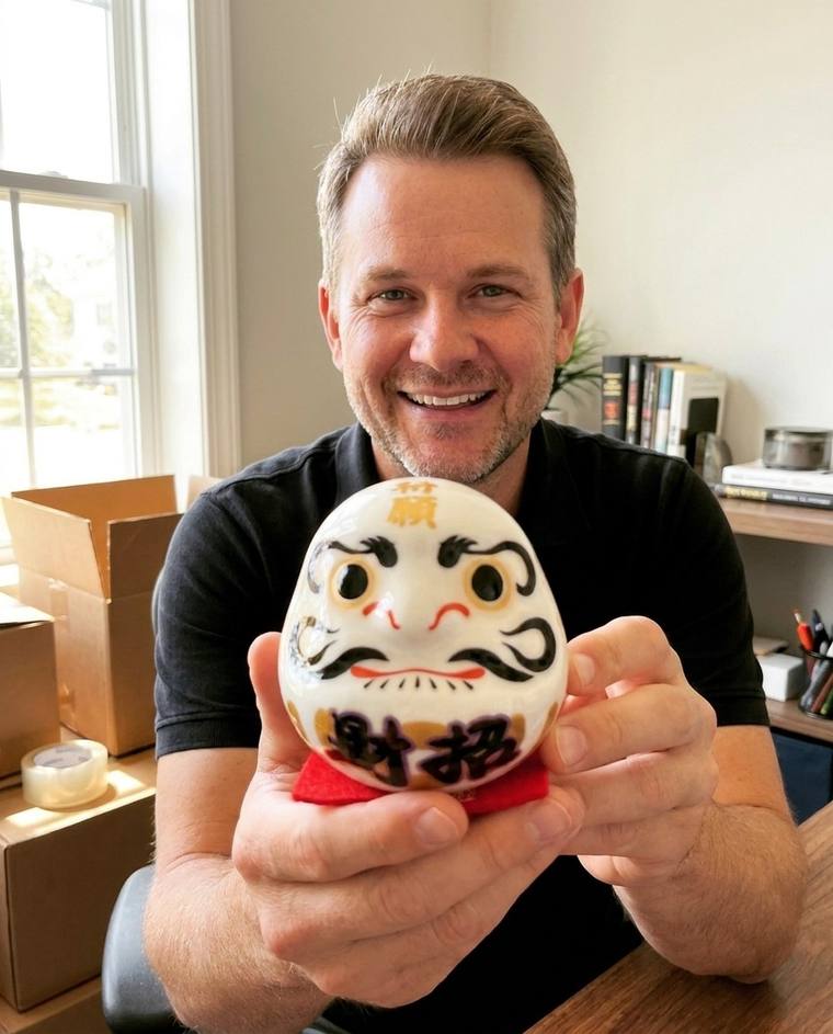 Austin filling in the second eye of the white Daruma with his family in the kitchen