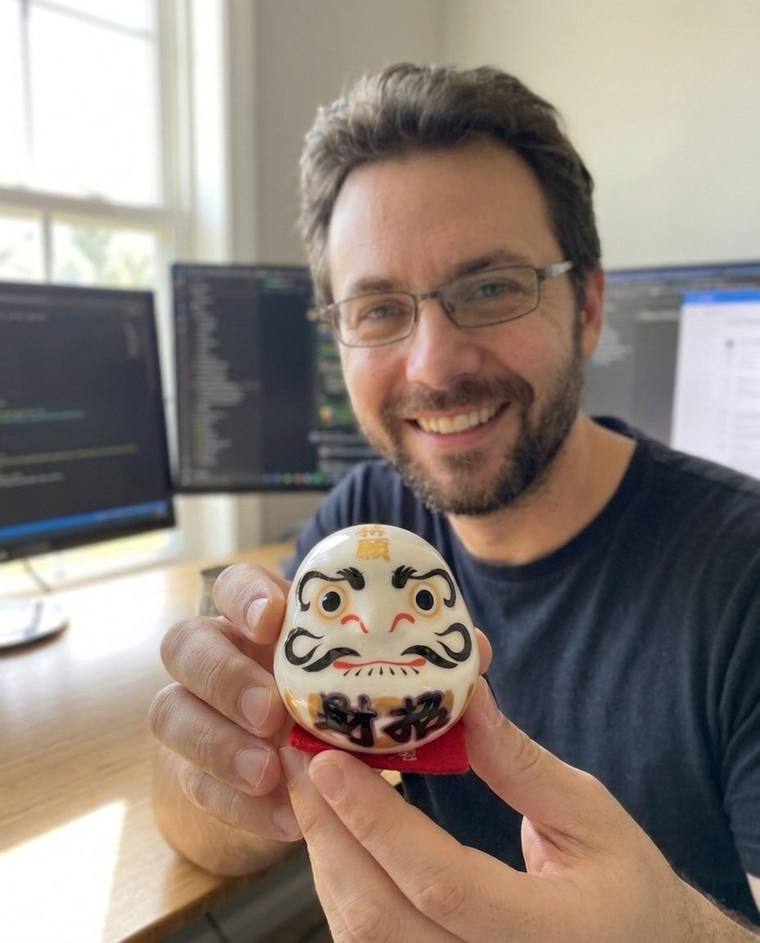 Tyler filling in the second eye of the white Daruma at his kitchen counter